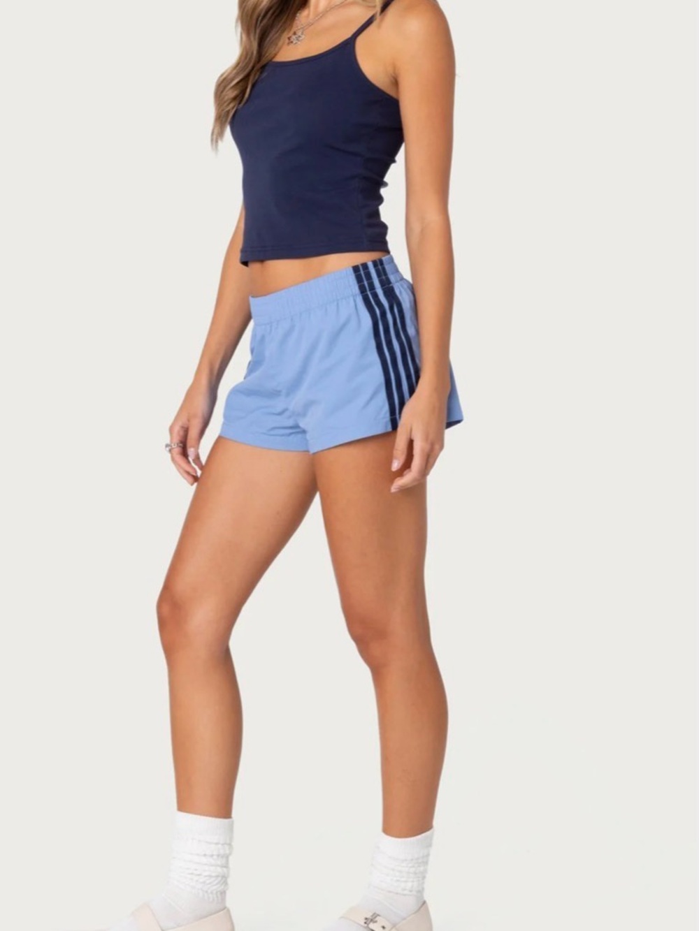 EDIKTED Nikki Nylon Shorts Light Blue with Navy Stripes